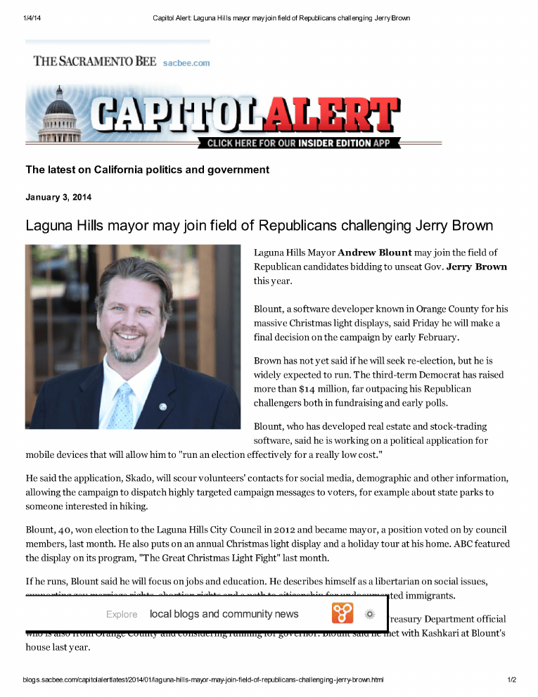 Capitol Alert article about Laguna Hills mayor Andrew Blount considering a governor run