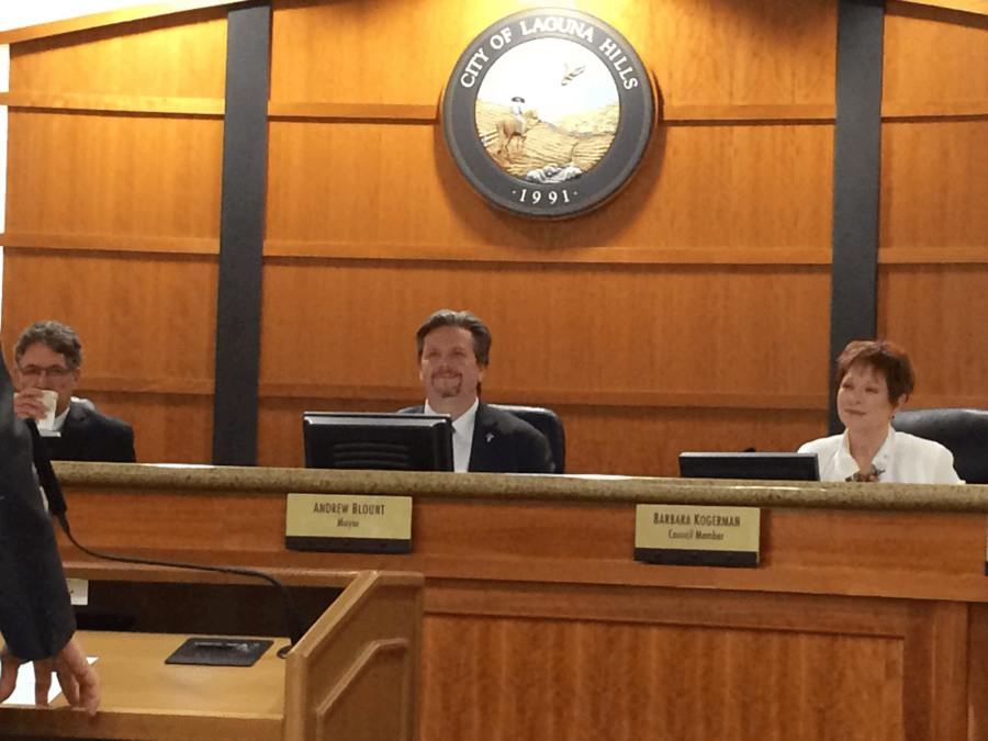 Andrew Blount seated as Mayor of Laguna Hills at the council dais