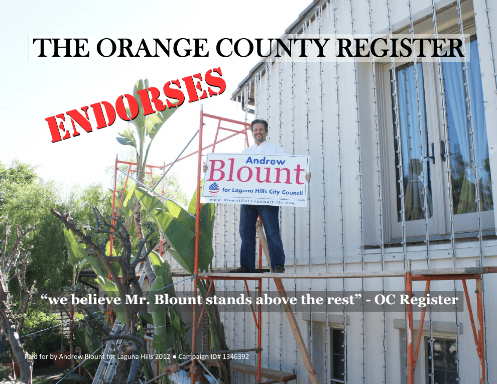 Orange County Register endorsement postcard for Andrew Blount