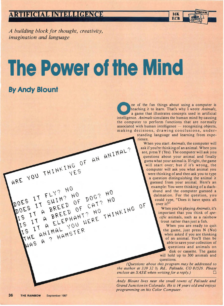 The Power of the Mind article page by Andy Blount in The Rainbow Magazine, September 1987