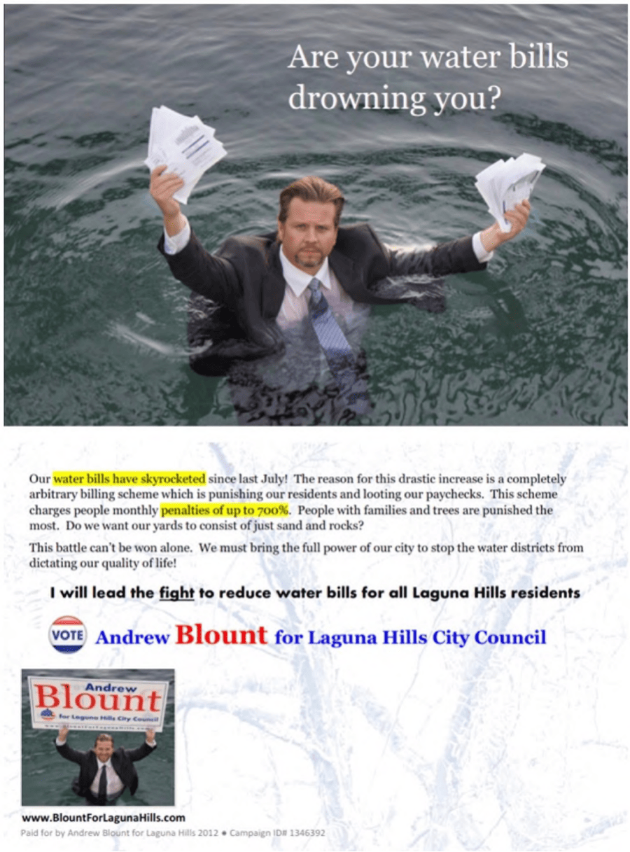 Andrew Blount water-rates postcard from the Laguna Hills City Council campaign