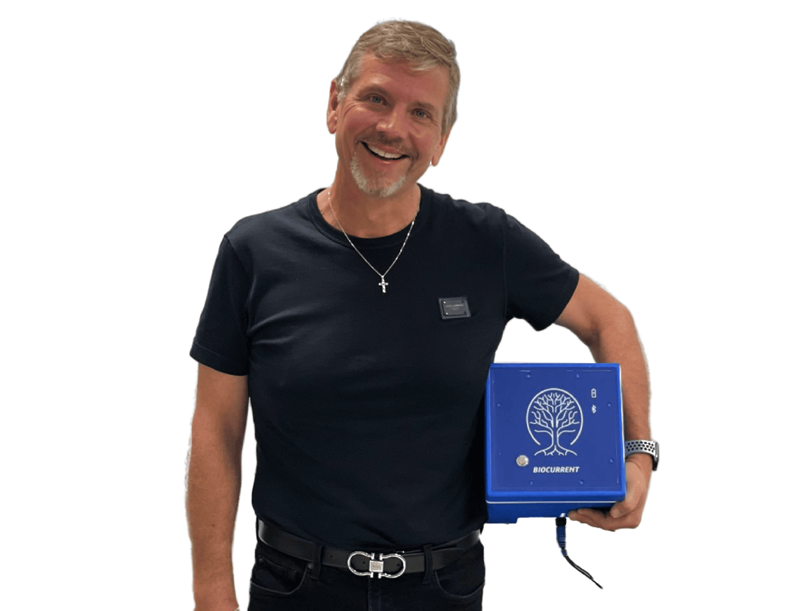 Andrew Blount holding the Biocurrent prototype device