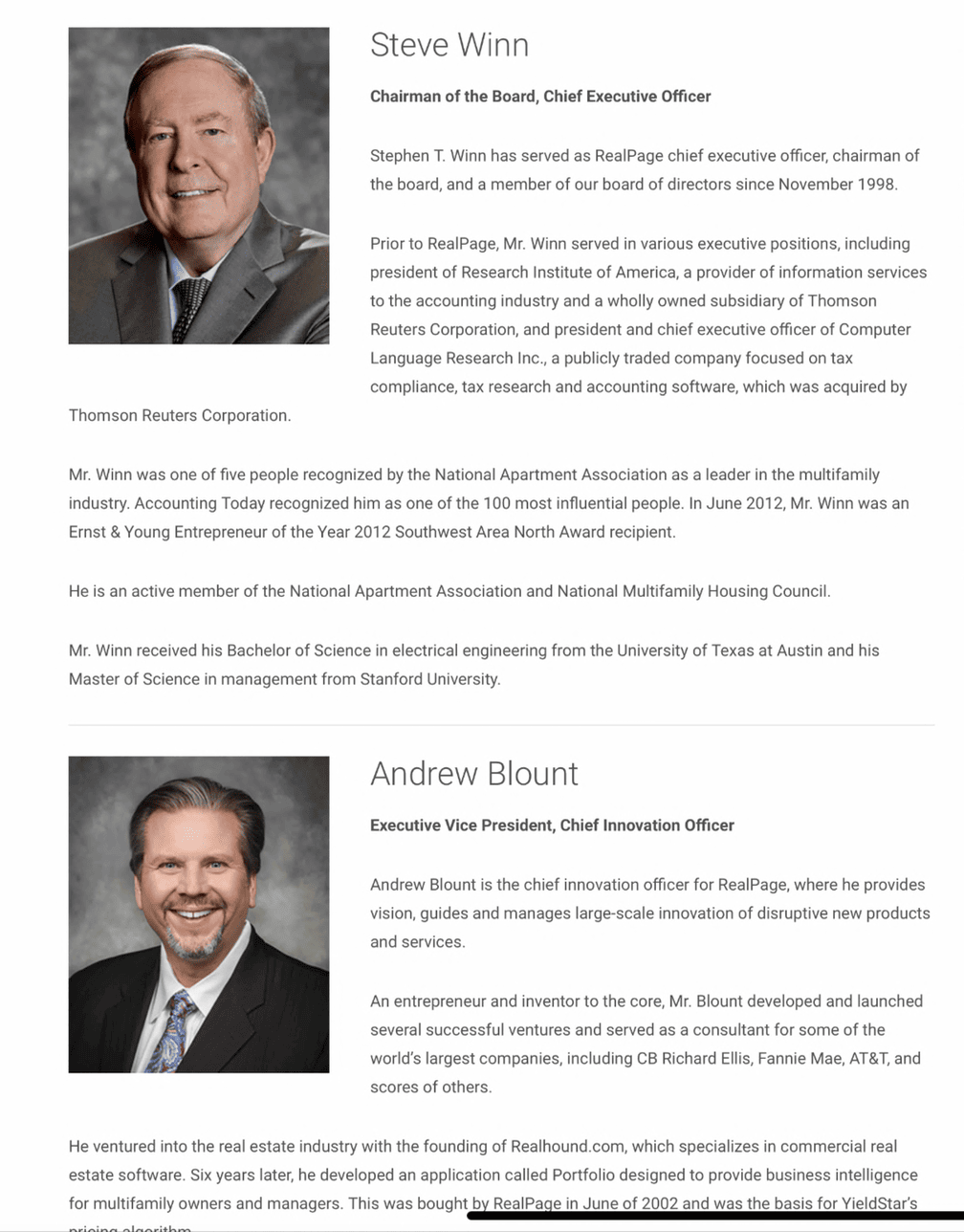 RealPage management team page with Steve Winn and Andrew Blount from the latest available archive image